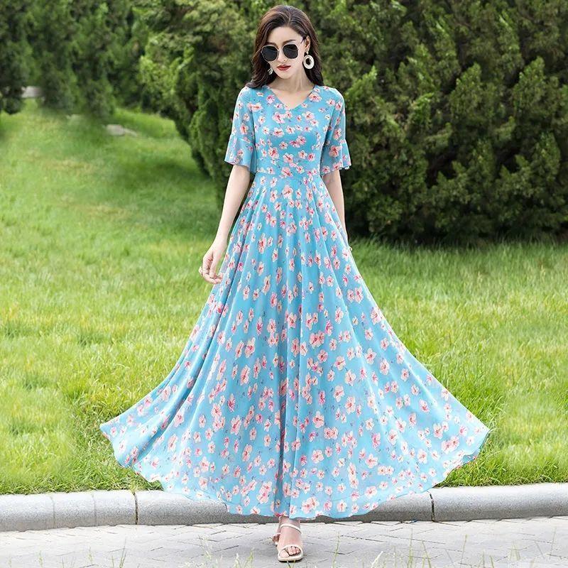 Women's Floral Print Maxi V-neck Short Sleeve High Waist Chiffon Casual Summer Dress
