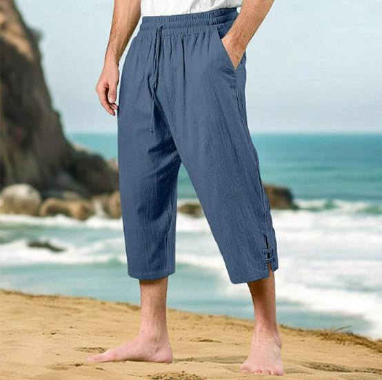 2026 Men s Casual Summer Drawstring Waist Multi-pocket Cotton Linen Capri Pants M темно-синий