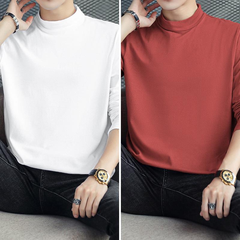 Men's Long Sleeve Cotton T-Shirt, Semi-High Neck, Solid Color Base Layer for Autumn/Winter