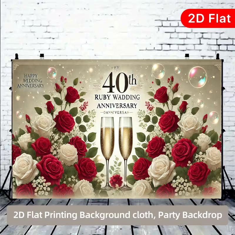 2D Flach Gedruckter 40. Jubiläum Hintergrund, Elegantes Rubinhochzeit Foto Banner mit Rosen & Blasen