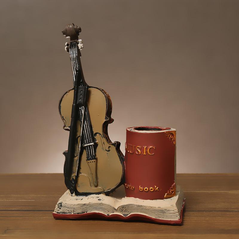 Resin Classic Violin Pen Organizer For Desktop Decoration In Living Study Room