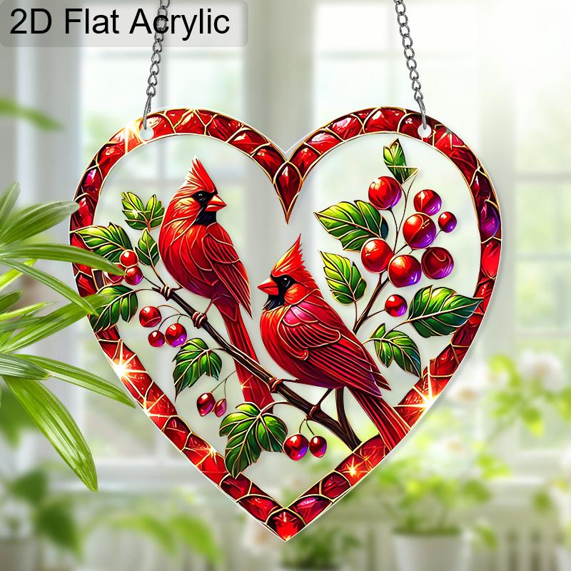 Acrylic Heart-Shaped Cardinal Birds Christmas Suncatcher Stained Glass Effect Window Hanging Ornament Bird Lover Holiday Gifts