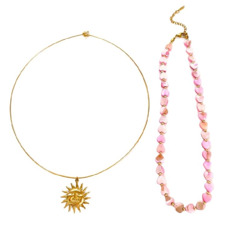 

2 Pack Stainless Steel Layer Necklace Set Sun Pendant Necklace Heart Shell Bead Neck Jewelry Suitable for Women Girls 1