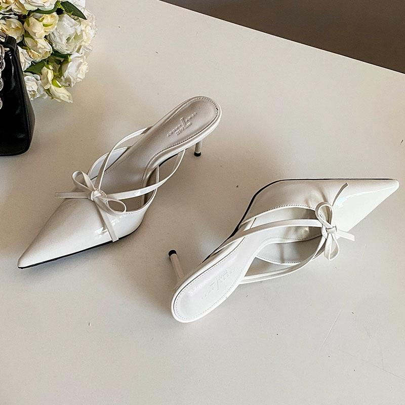 

Fashion Female Pointed Toe Footwear Women Thin Heels Slides Shoes Fashion Butterfly-Knot Pumps Ladies High Heels Shoes Sandals Mules 35 бежевый