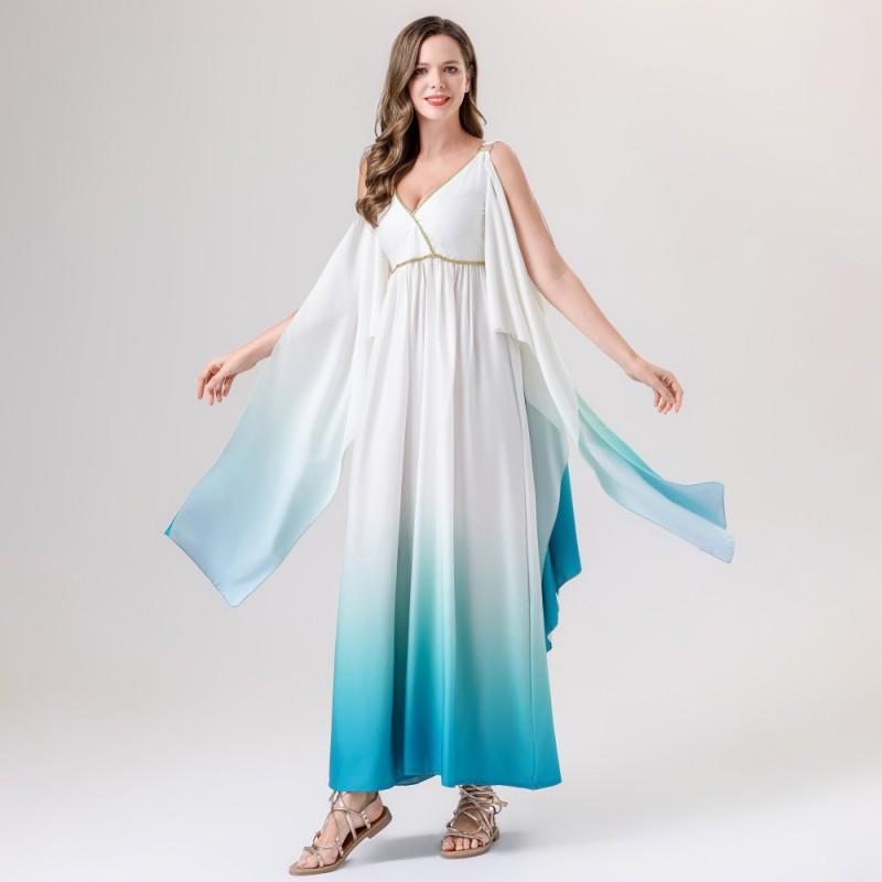 Elegant Egyptian Greek Goddess Costume Dress Women Halloween Party Cosplay Outfit White Blue