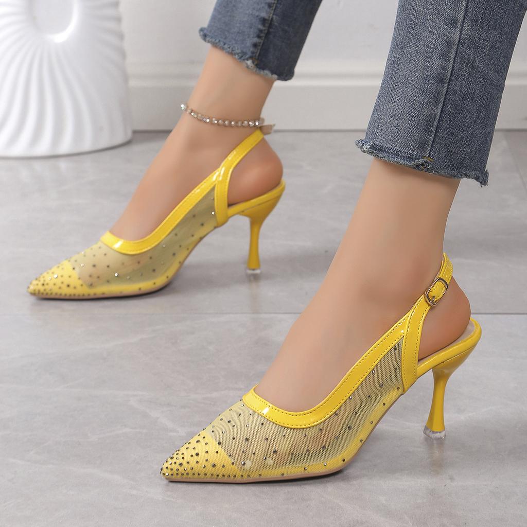 Fashion 2025 New Women High Heels Sandals Rhinestones Closed Toe One-line Sandals Pointed High Heels Versatile Back Empty Single Shoes