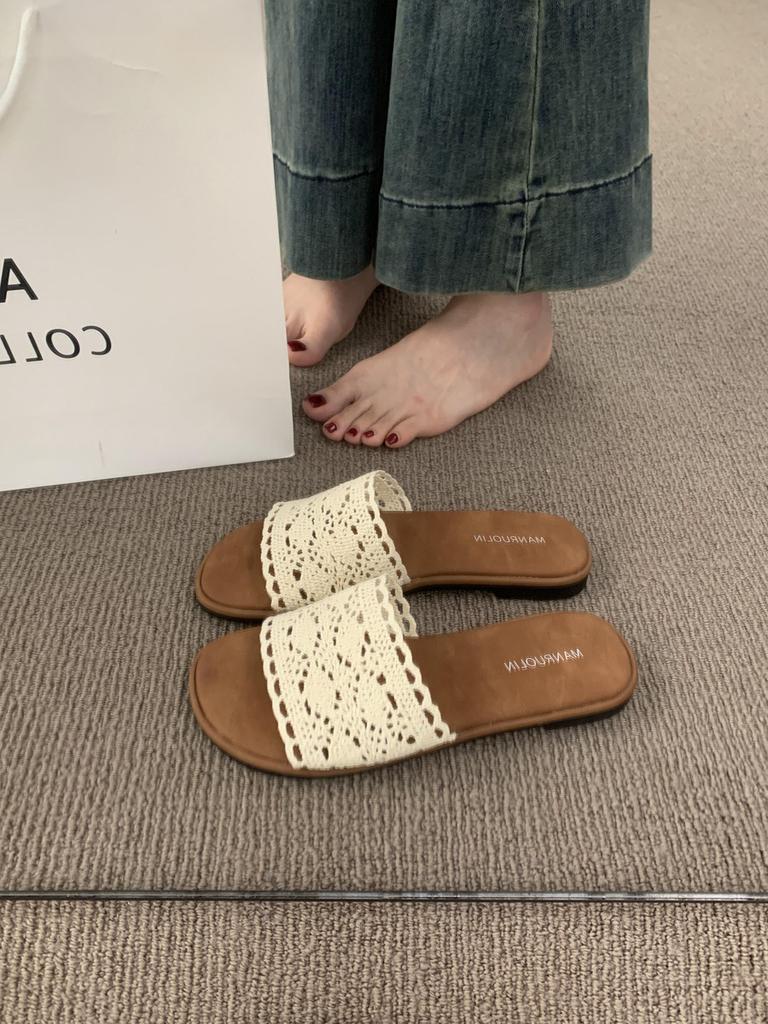 Vintage Casual Flat-bottomed Woven One-word with Open-toed Slippers for Women's Summer Wear Bohemian Seaside Vacation Beach Shoes