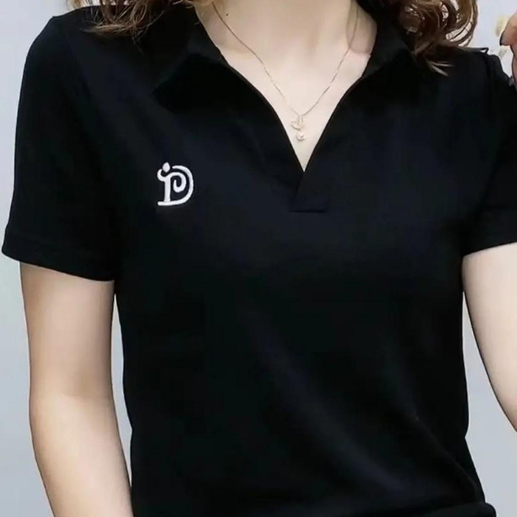 Polo T Shirt Kadınlar için Kısa Kollu Yeni Yaz V Yaka Mektup Kazak Örme Tees Kadın Giyim Artı Boyutu Bayanlar Üstleri