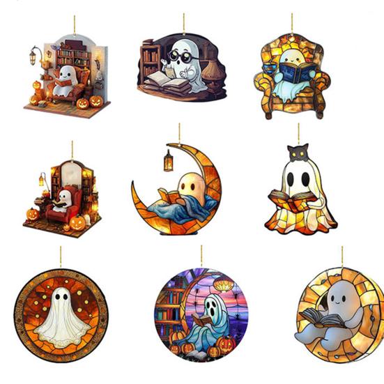 2025 Halloween 2D Ghost Reading Ornament Countdown Set 24 Days Advent Calendar Stained Glass Window Hanging Suncatchers for Home Decor