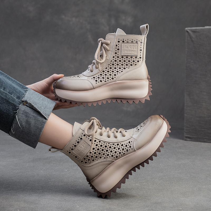 Spring/Summer New Top Leather Sponge Cake Bottom Hollow Martin Boots for Women
