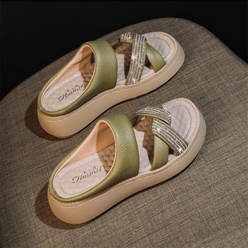 thick-soled soft leather rhinestone slippers for women to wear outside summer 2025 new high-end fashion versatile lazy women cool slippers