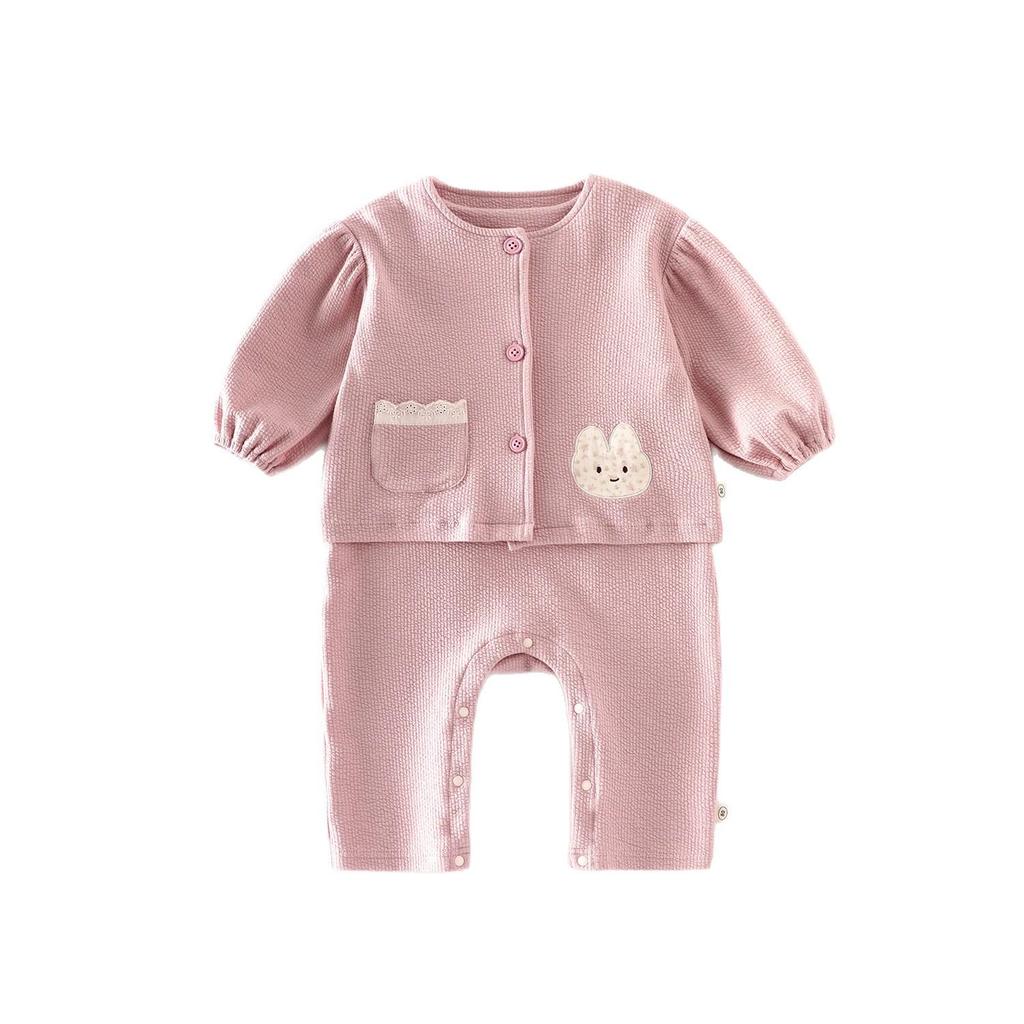2025 New Autumn Baby Floral Applique Rabbit Jacket & Solid Color Onesie Set - Newborn Outing Clothes