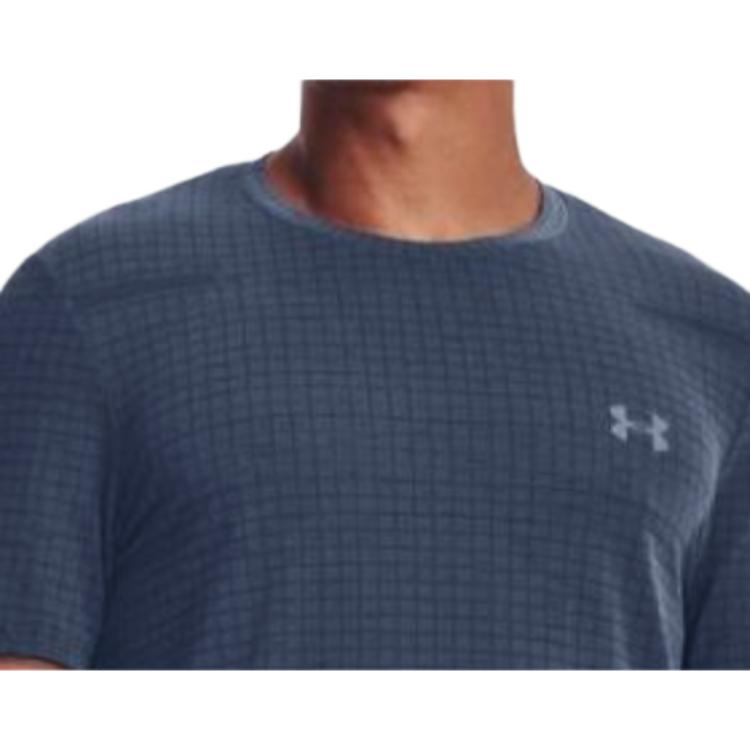 Under Armour Checkered Print Crew Neck Short Sleeve Athletic T-Shirt Men Tops Blue 1376921-044