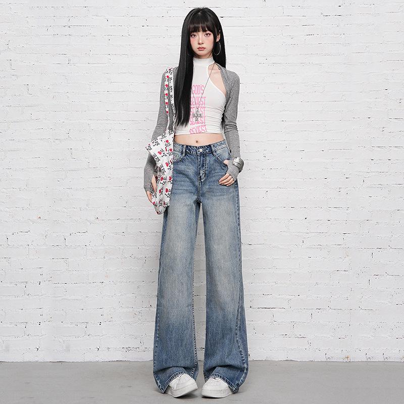 2026 Spring Korean High-Waist Printed Denim Straight-Leg Jeans for Women - Loose, Drape, Floor-Length Style XL