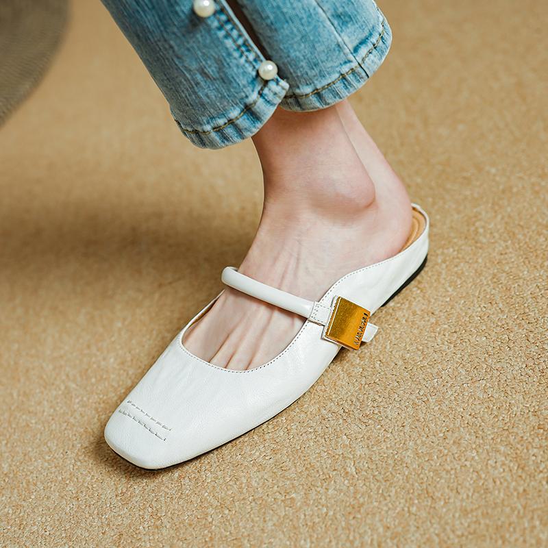 Fashion 2024 Summer Women Mules Genuine Leather Shoes for Women Cover Toe Low Heel Slippers Square Toe Sandals Internal Elevation Shoes 34 6588₽