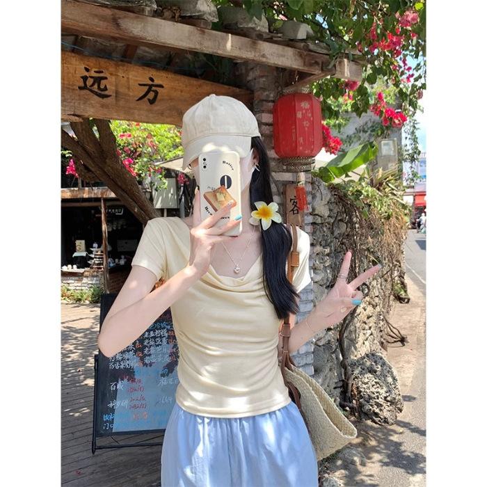 Summer Fresh and Sweet One-word Shoulder Slim-fitting Short-sleeved T-shirt Ins Niche Design Sense Chic Short Versatile Top Women