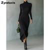 New Style Autumn Winter Elegant High Neck Ruched Bodycon Dress for Women