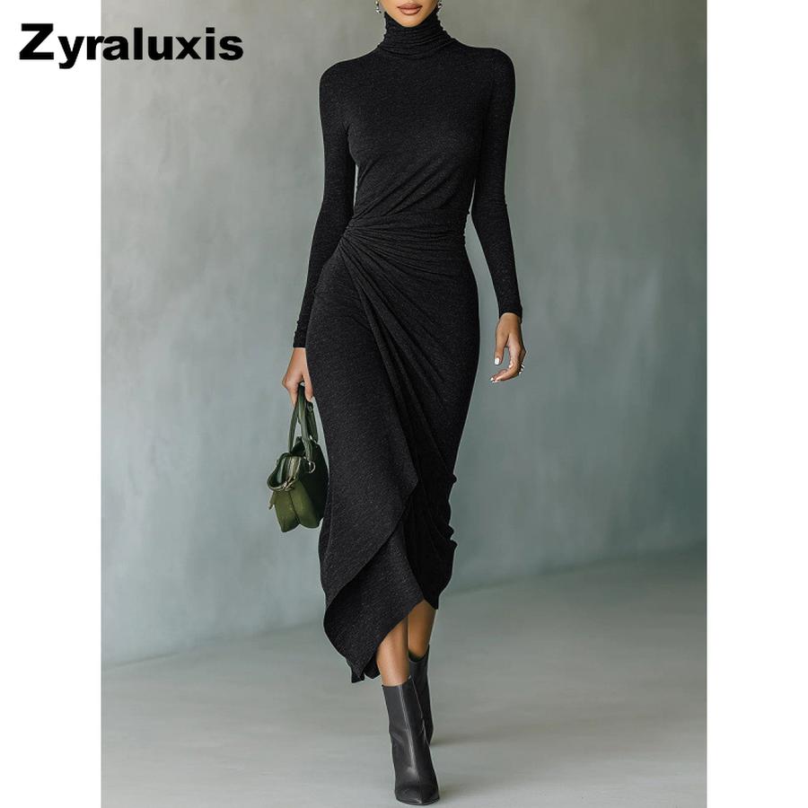 New Style Autumn Winter Elegant High Neck Ruched Bodycon Dress for Women