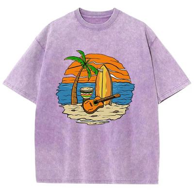 T-shirt da Donna con Stampa a Caldo Scena Tramonto sulla Spiaggia Denim Lavato Oversize Stile Harajuku Manica Corta