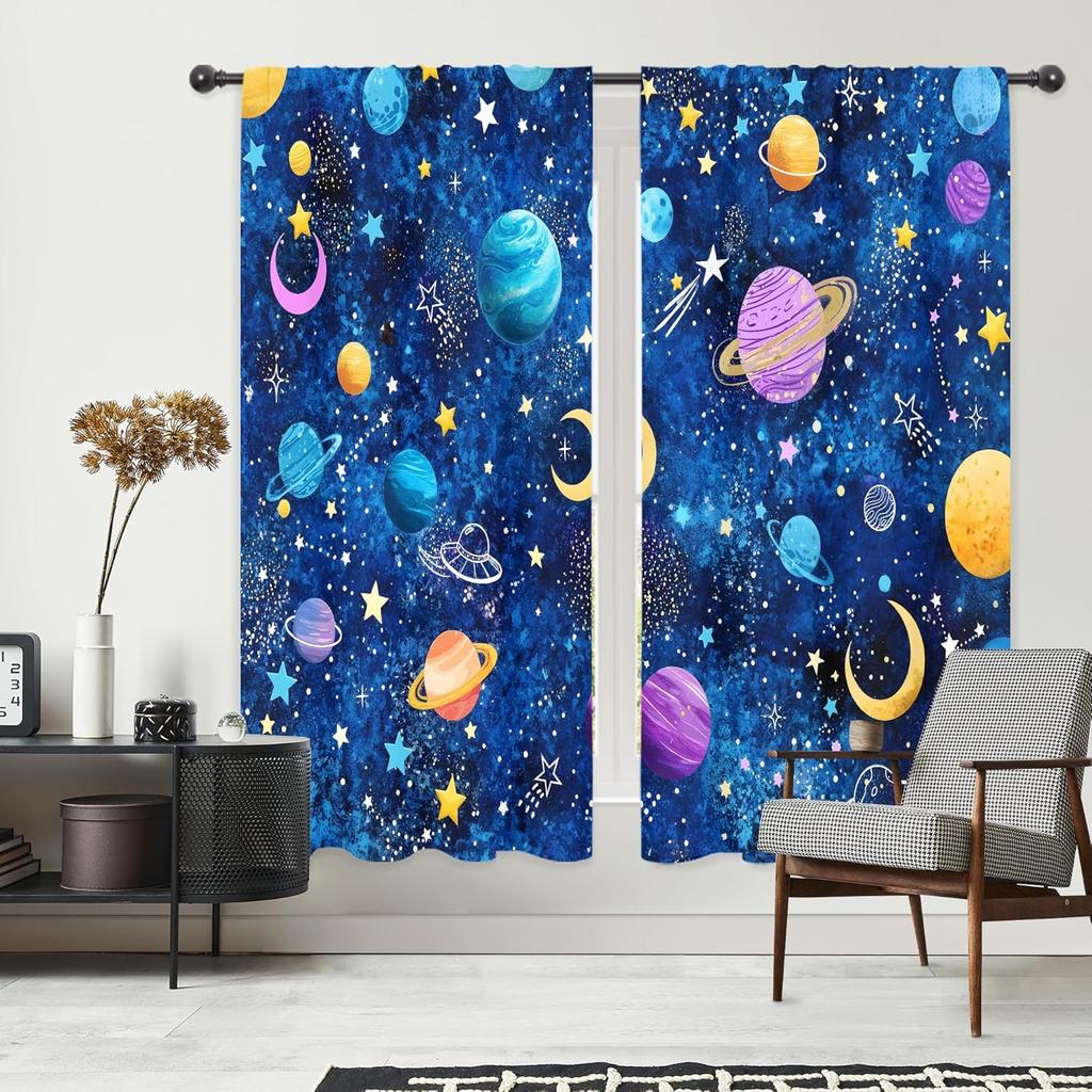 Galaxy Sky Star Curtains Blue Starry Shining Night Outer Space Cosmic Celestial Universe Planets Rod Pocket Boys Fantasy Bedroom