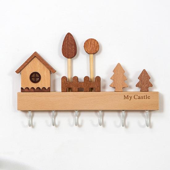 Rustic Wood Key Hanger Hanger with Decorative Wall Mounted 6 Hooks Entrance Key Hanger for Keys