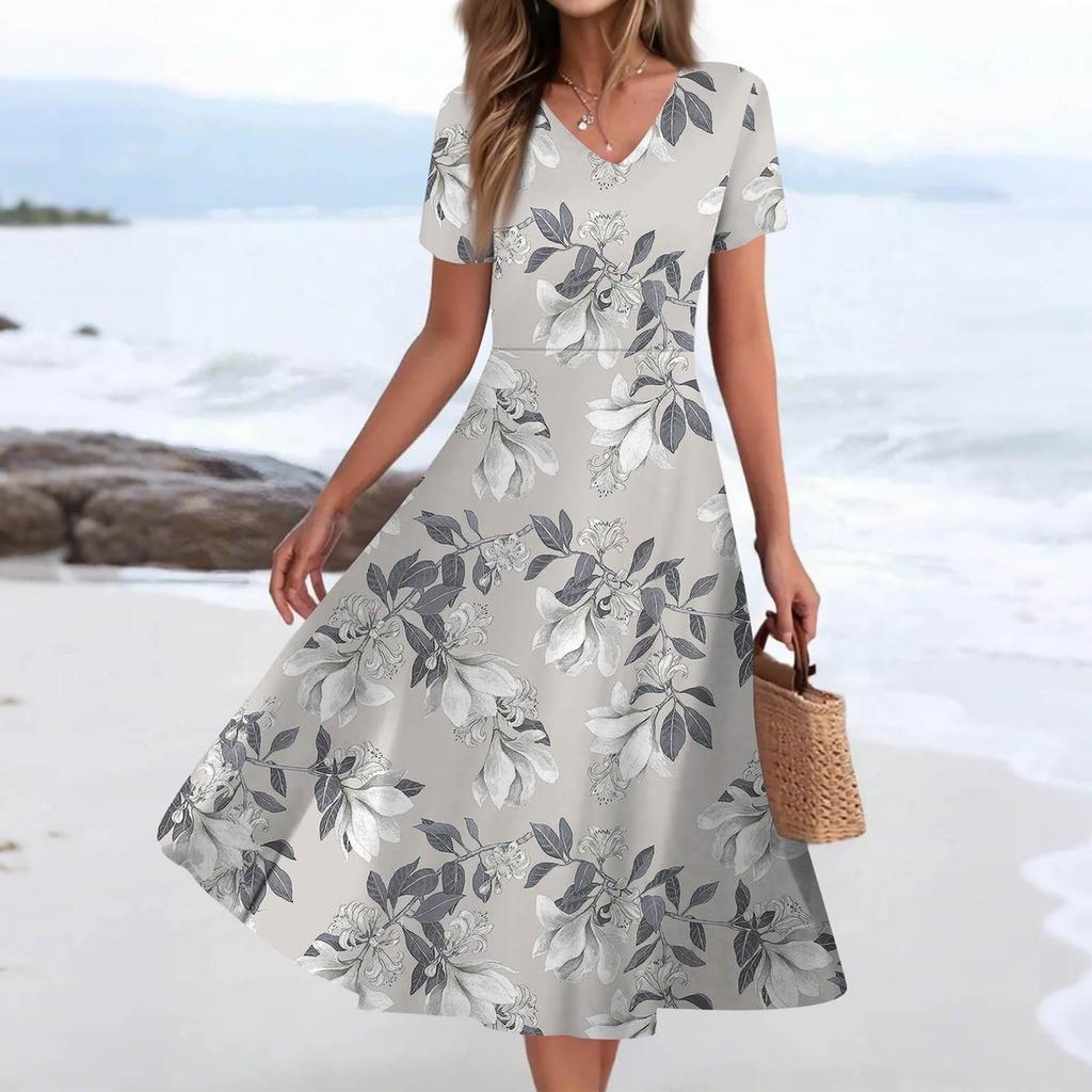 Women's Summer Casual Fashion Print Pocket Short Sleeve V-Neck Swing Dress