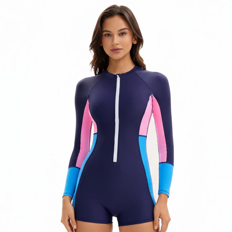 Long Sleeve Color Block Swimsuit Women's Conservative Sunscreen Surfsuit Boxer Tight Swimsuit