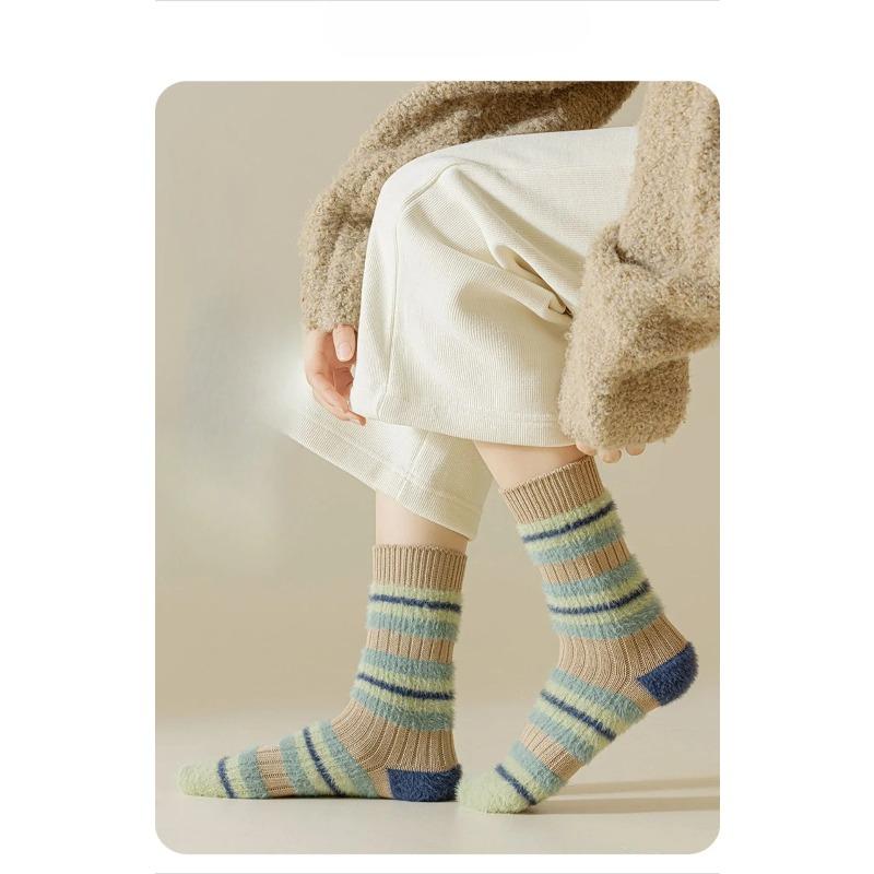 1 pár Podzim Zima Hrubé Teplé Roztomilé Dámské Ponožky Bavlna Korejská Vlna Proužek Designové Ponožky Střední Délky Kawaii Ležérní Harajuku Dámské Ponožky