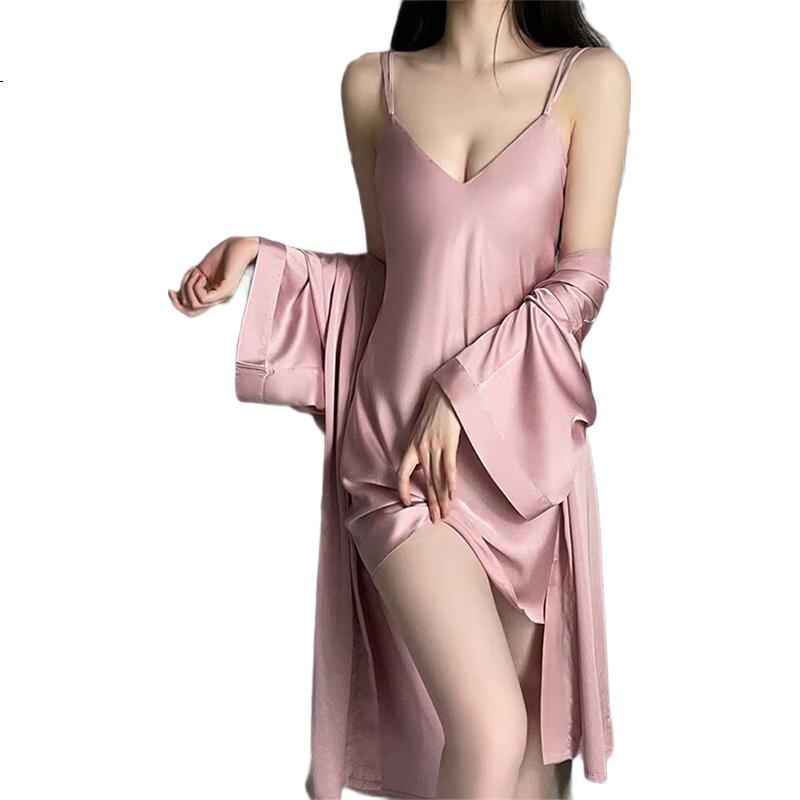 La Chapelle Women's Sexy Camisole Pajamas Spring and Autumn Ice Silk Camisole with Chest Pad Nightdress Short Sleeve Robe Lace Skirt Set Loungewear