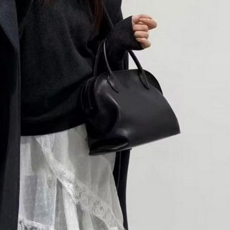 2025 New leather women's bag first layer swift leather pleated bowling light luxury large capacity portable shoulder bag