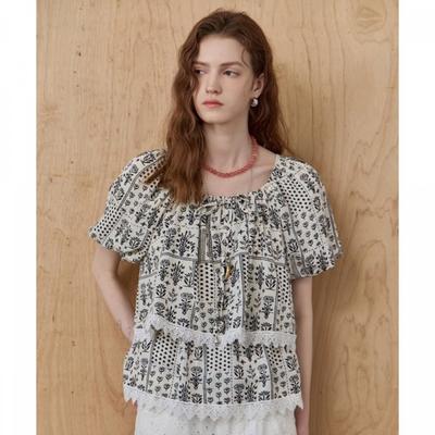 Flower Shirring Tiered Lace Puff Sleeve Blouse Ze07qb005na