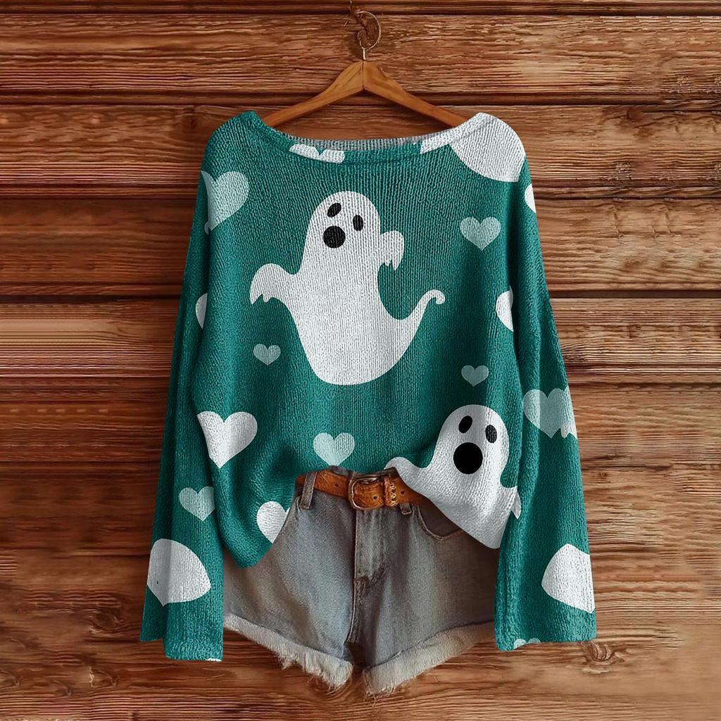 Women's Halloween Sweater, Bohemian Vintage Pattern Print Long Sleeve Knit Pullover