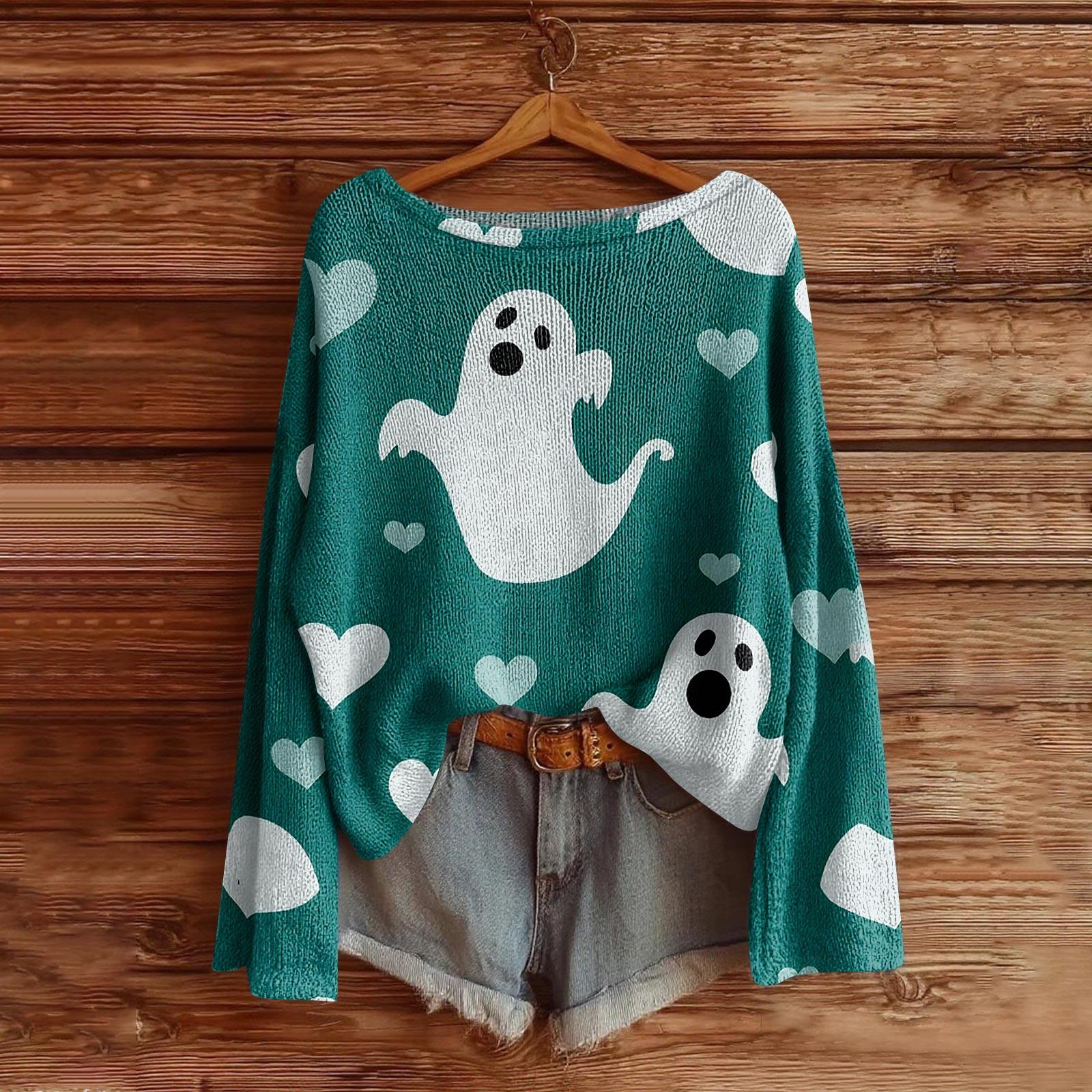 Women s Halloween Sweater, Bohemian Vintage Pattern Print Long Sleeve Knit Pullover L армия зеленый