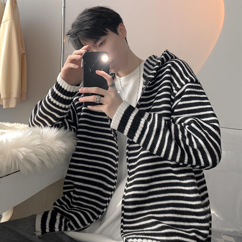 Autumn and Winter Striped Hooded Cardigan Sweater Jacket Men's Casual Trendy Brand Color Matching Versatile Student Trendy Zipper Sweater