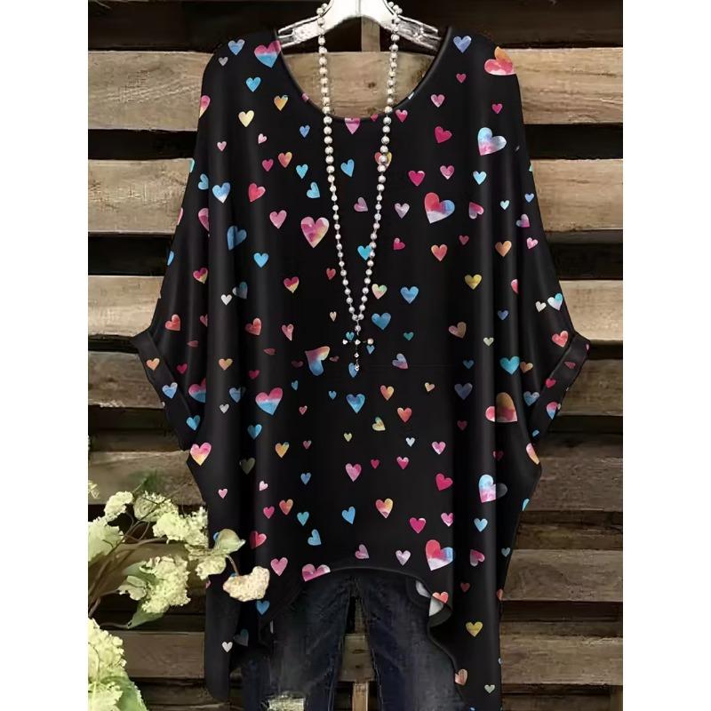 Elegantes Bohemian Chic Übergroßes Einfaches Retro Liebesdruck Druck Damen T-Shirt Asymmetrischer Saum Rundhalsausschnitt Vielseitige Damenbekleidung