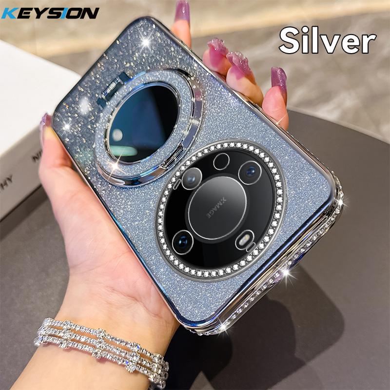 KEYSION Luxury Glitter Jewelled Magnetic Phone Case for Huawei Mate 60 Pro 50 Pro 40 Pro Makeup Mirror Stand Shockproof Cover