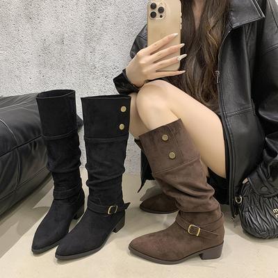 2025 Autumn and Winter New Comfortable Versatile Stacking Boots Small Long Boots Pleated Belt Buckle Suede Boots