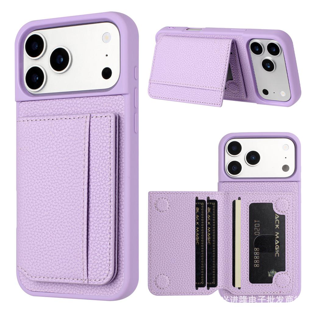Applicable To iPhone17 Mobile Phone Case Samsung S25 Lychee Pattern Card Holder Anti-drop Protective Case A57 Solid Color Leather Case