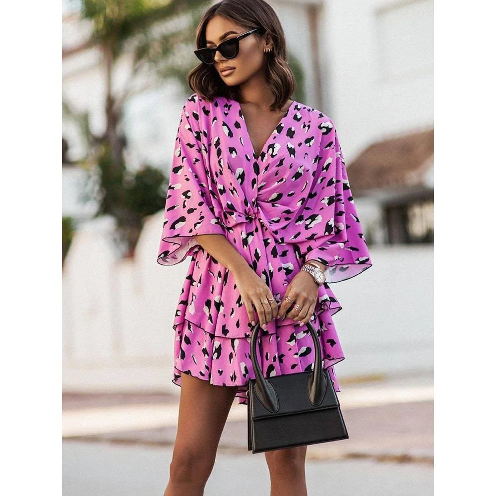 Damska Falbaniasta Sukienka na Imprezę Plażową Vestidos Kobiety Seksowne Mini Sukienki z Dekoltem V Letnie Boho Codzienne Sukienki z Kwiatowym Wzorem i Rękawami Nietoperzowymi