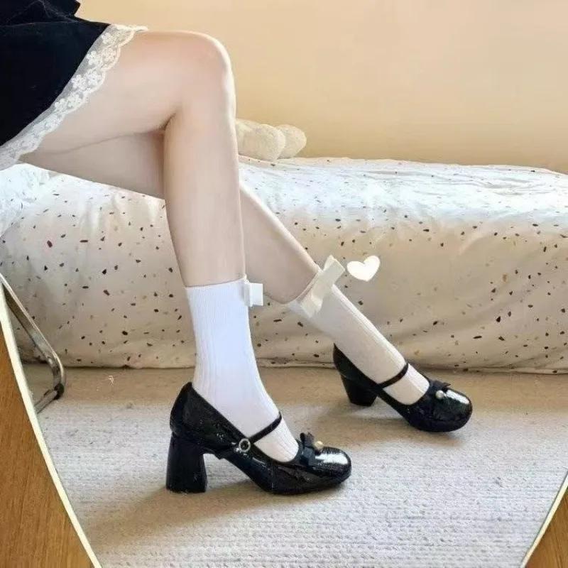 2026 Spring and Summer French Thick Heel Mary Jane Shoes Women's Spring Light Mouth High Heels Bow Single Shoes