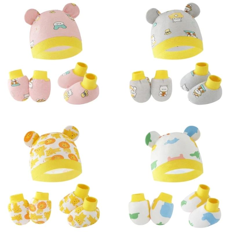 Newborn Baby Hat Anti Scratch Gloves and Socks Set Cotton Headwear Anti-grab Mittens and Foot Cover for Boys Girls