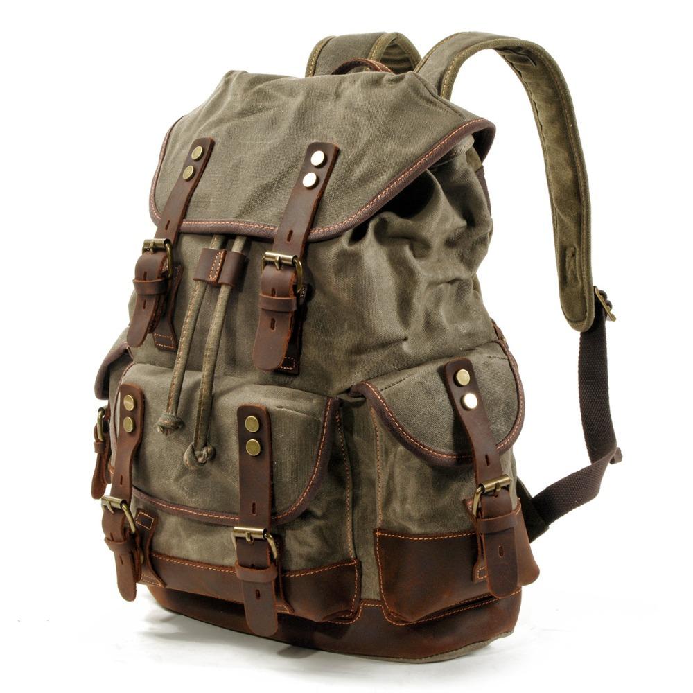 Vintage Canvas Backpacks for Men Laptop Daypacks Waterproof Rucksacks Large Waxed Mountaineering Travel Pack Vintage Backpack