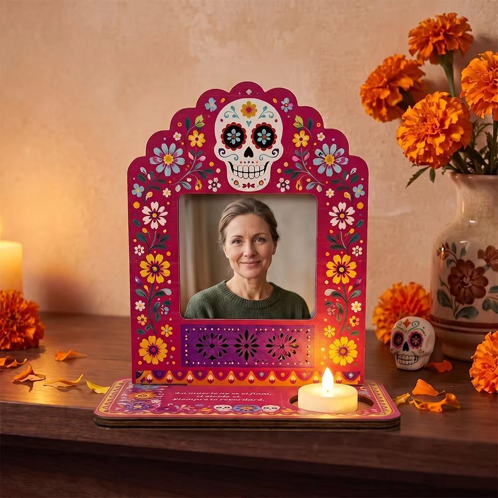 Wooden Halloween Photo Frame Skull Marigold Pattern Desktop Photo Display Rack Haunted House