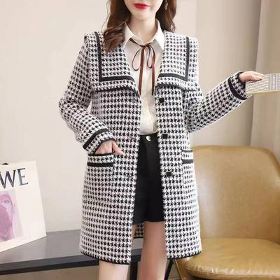 Autumn and Winter New Medium Long Thousand Bird Lattice Thick Coat Lapel Temperament Elegant Thin Senior Sense of Women's Coat