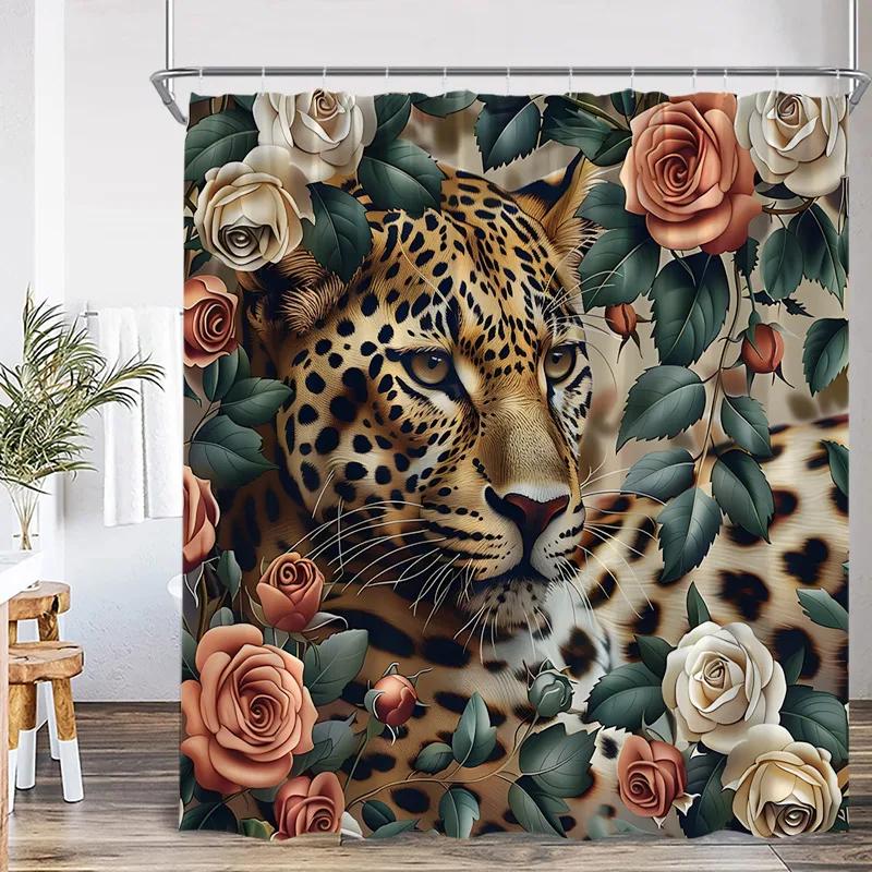 Floral Leopard Shower Curtains Watercolour Jungle Flowers Plants Wild Animal Bath Curtain Fabric Home Bathroom Decor with Hooks