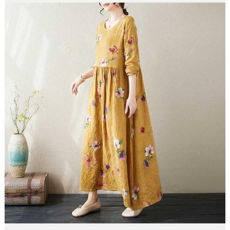 New Color Round Neck Retro Long Skirt Cotton Linen Dress