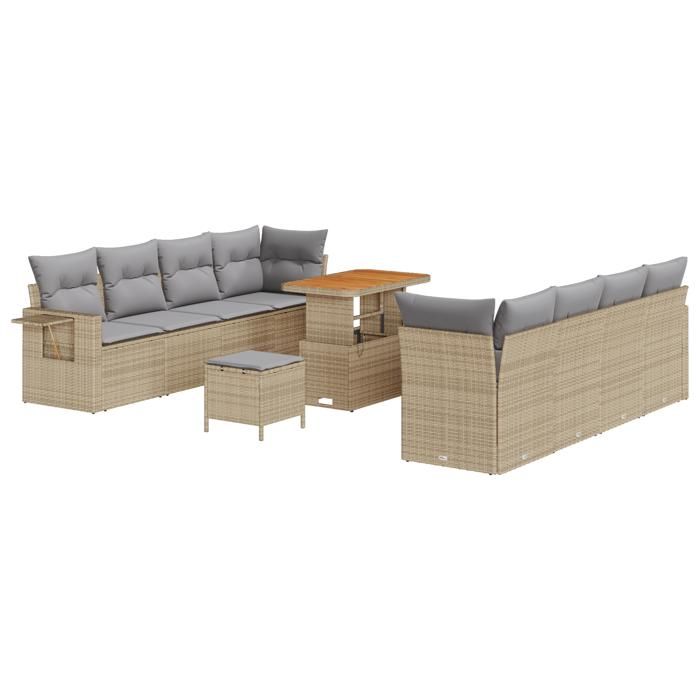 Ensemble de Canapés de Jardin vidaXL 11 Pièces avec Coussins Beige Poly Rattan Acacia, Ensemble de Salle à Manger de Jardin 3361722