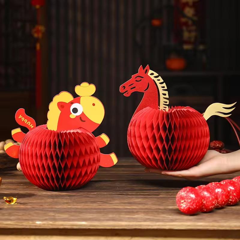 Chinese Lunar New Year 2026 3D Honeycomb Ornament Paper Apple Pear Desktop Ornament Traditional Spring Festival Photo Props
