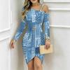 Women Plus Size Asymmetric Cold Shoulder Blue Brown Ornate Paisley Print Wrap Bodycon Midi Dress