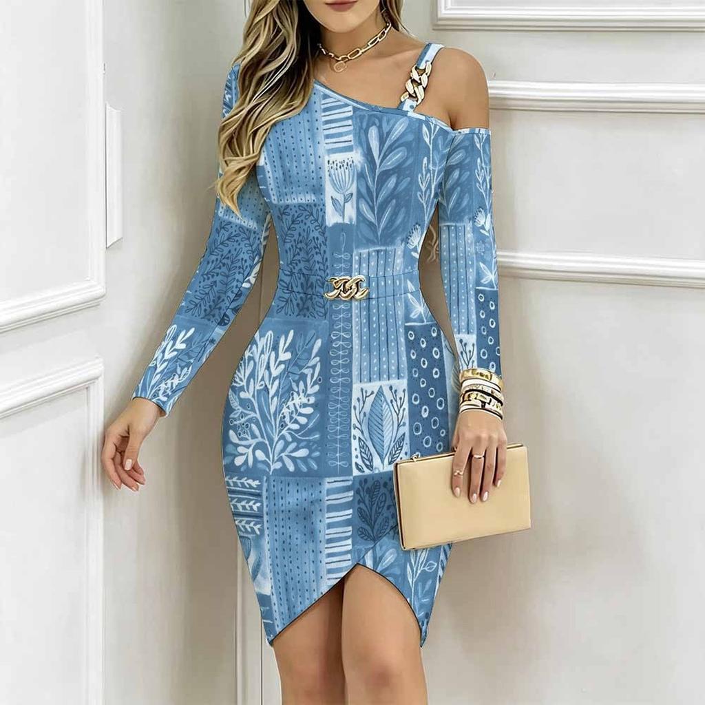 Women Plus Size Asymmetric Cold Shoulder Blue Brown Ornate Paisley Print Wrap Bodycon Midi Dress